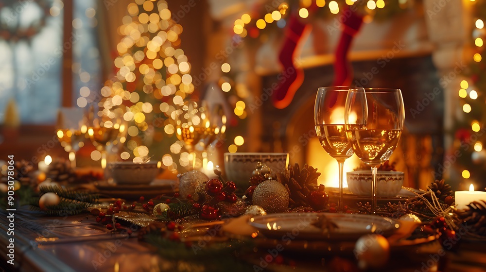 Family celebrating a winter holiday dinner by the fireplace, wine glasses clinking, a beautifully decorated table with holiday dishes, stockings hanging on the mantle, Family celebrating a winter holiday dinner by the fireplace, wine glasses clinking, a beautifully decorated table with holiday dishes, stockings hanging on the mantle,