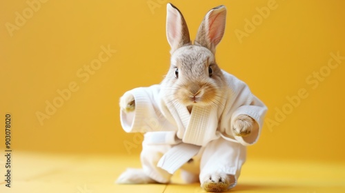 Adorable rabbit wearing a karate gi on a yellow background, showcasing martial arts in a cute and humorous manner.