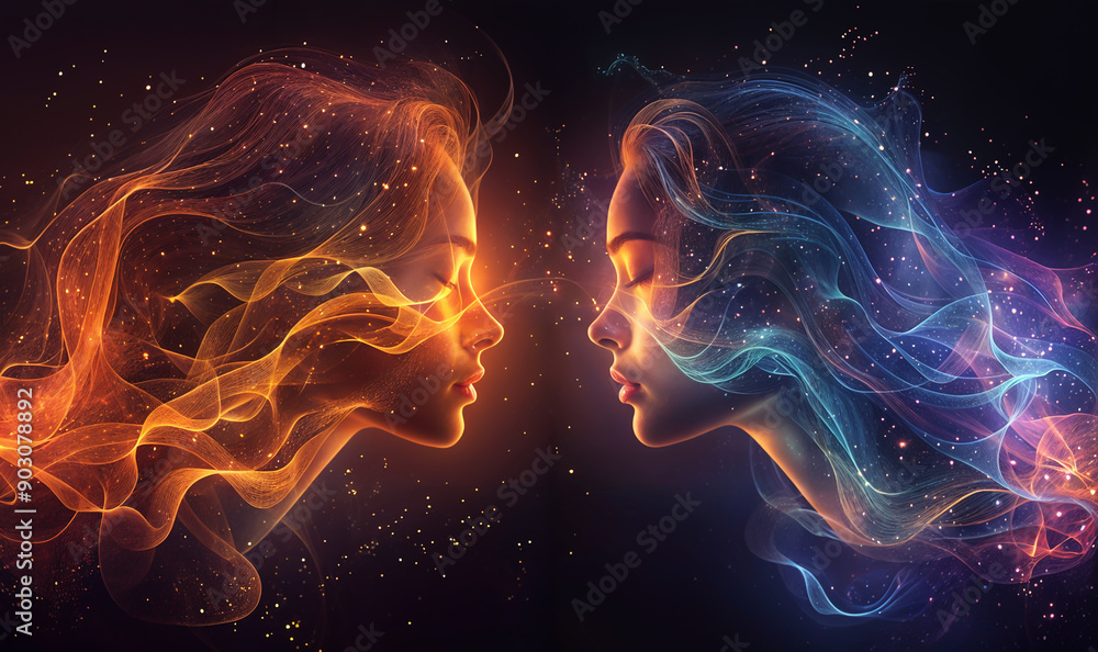 abstract illustration of telepathy between two female profiles red and blue with waves of energy abstract illustration of telepathy between two female profiles red and blue with waves of energy