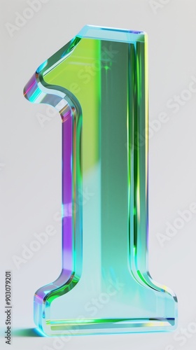 Number 1, light green and blue, neon color, semi transparent 3D rendered one lettering on white background