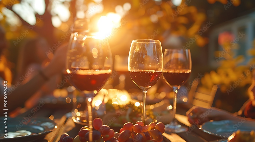 A backyard family gathering, wine glasses raised in a toast, children laughing and running around, a picnic table laden with food, golden rays of the setting sun highlighting the scene, soft shadows. A backyard family gathering, wine glasses raised in a toast, children laughing and running around, a picnic table laden with food, golden rays of the setting sun highlighting the scene, soft shadows.