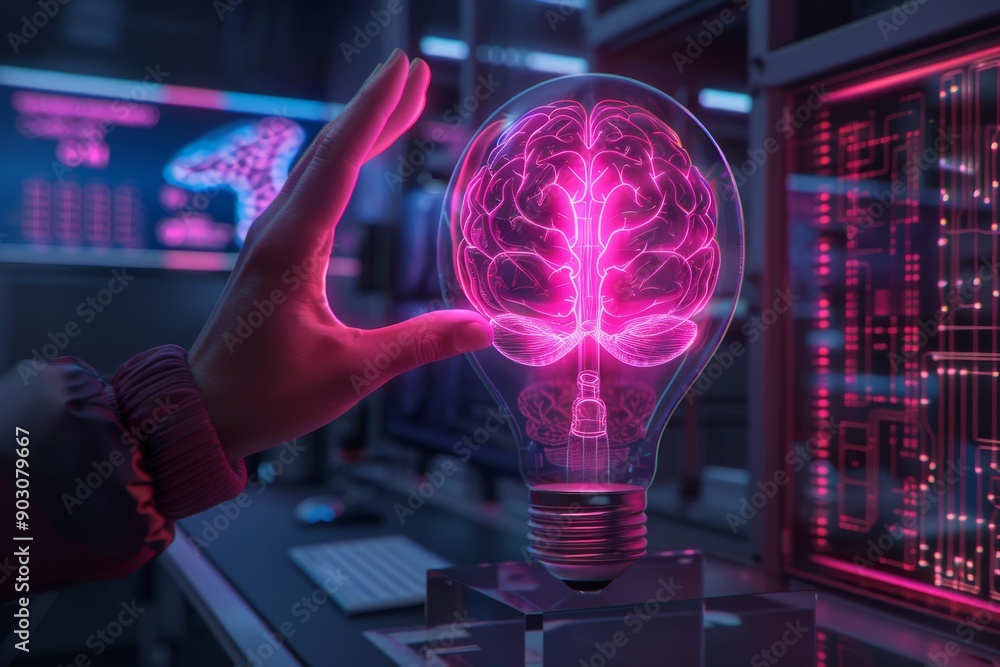 Obraz premium Pink neon brain inside a light bulb highlighting futuristic technology and creative innovation.