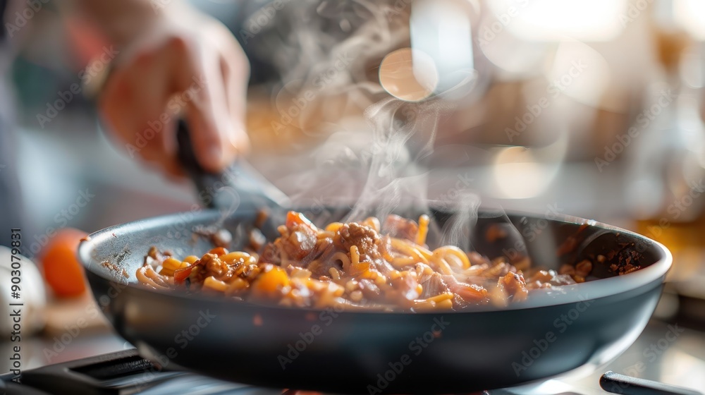 A skillet filled with steaming pasta being stirred with a spatula, combining savory meat pieces and tasty sauce, illustrating a flavorful and hearty meal preparation. A skillet filled with steaming pasta being stirred with a spatula, combining savory meat pieces and tasty sauce, illustrating a flavorful and hearty meal preparation.