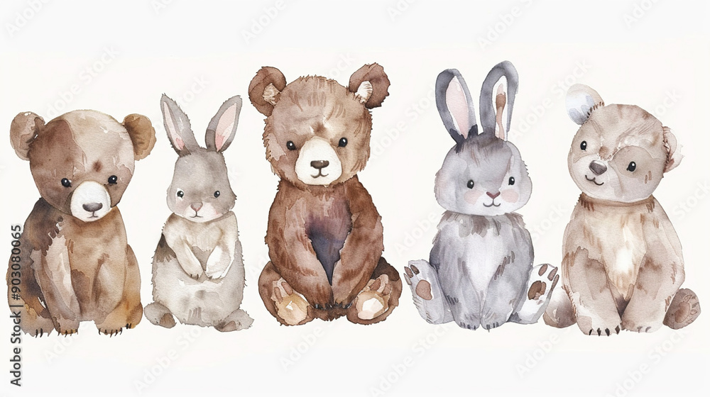 Cute bunnies and bears on a white background, watercolor animals - hares and bears Cute bunnies and bears on a white background, watercolor animals - hares and bears