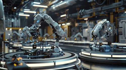 a modern manufacturing facility featuring multiple robots performing tasks on an assembly line