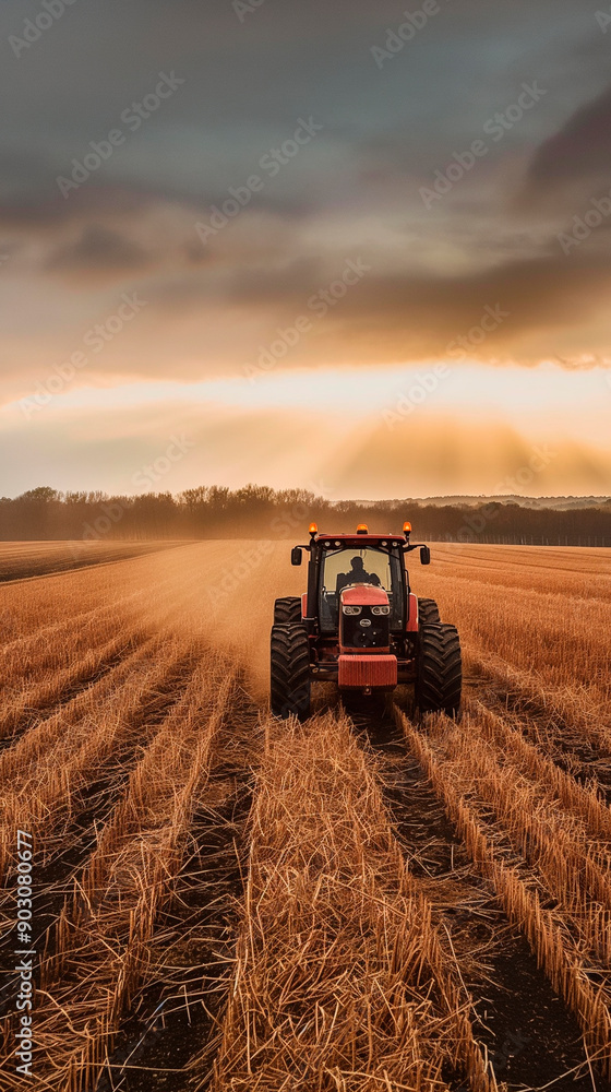 Tractor Working In Golden Sunset Over A Harvested Wheat Field In Rural Landscape Tractor Working In Golden Sunset Over A Harvested Wheat Field In Rural Landscape