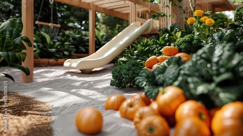 A serene playground featuring a slide is surrounded by vibrant pumpkins, marigolds, and lush greenery, creating a harmonious blend of play and nature. photo