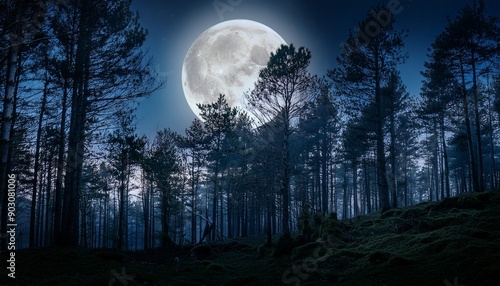 full moon in dark woods at night fantasy forest panorama