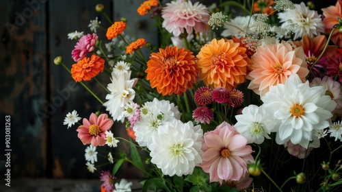 A beautiful bouquet featuring an assortment of vibrant flowers in a variety of colors and shapes, against a dark and rustic backdrop, offering a contrasting visual appeal.