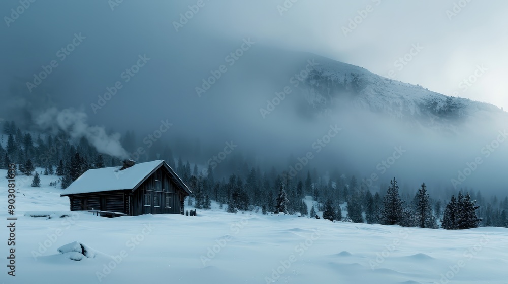 A wooden cabin stands alone in a snowy forest with smoke rising from its chimney, framed by misty mountains, epitomizing solitude and nature's tranquil beauty. A wooden cabin stands alone in a snowy forest with smoke rising from its chimney, framed by misty mountains, epitomizing solitude and nature's tranquil beauty.