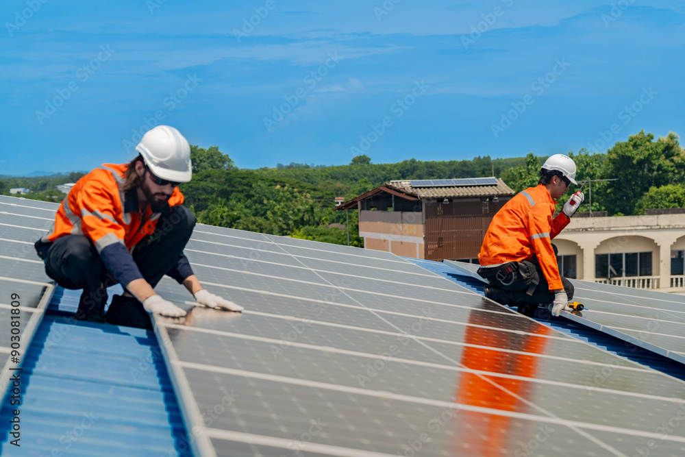 Worker Technicians are working to construct solar panels system on roof. Installing solar photovoltaic panel system. Men technicians walking on roof structure to check photovoltaic solar modules. Worker Technicians are working to construct solar panels system on roof. Installing solar photovoltaic panel system. Men technicians walking on roof structure to check photovoltaic solar modules.