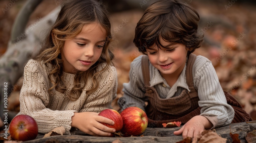 Fototapeta premium Two children look at apples in a forest. AI.