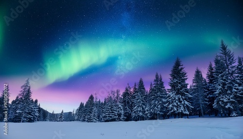 aurora borealis northern lights in winter forest sky with polar lights and stars night winter landscape with aurora and pine tree forest travel concept © Stella