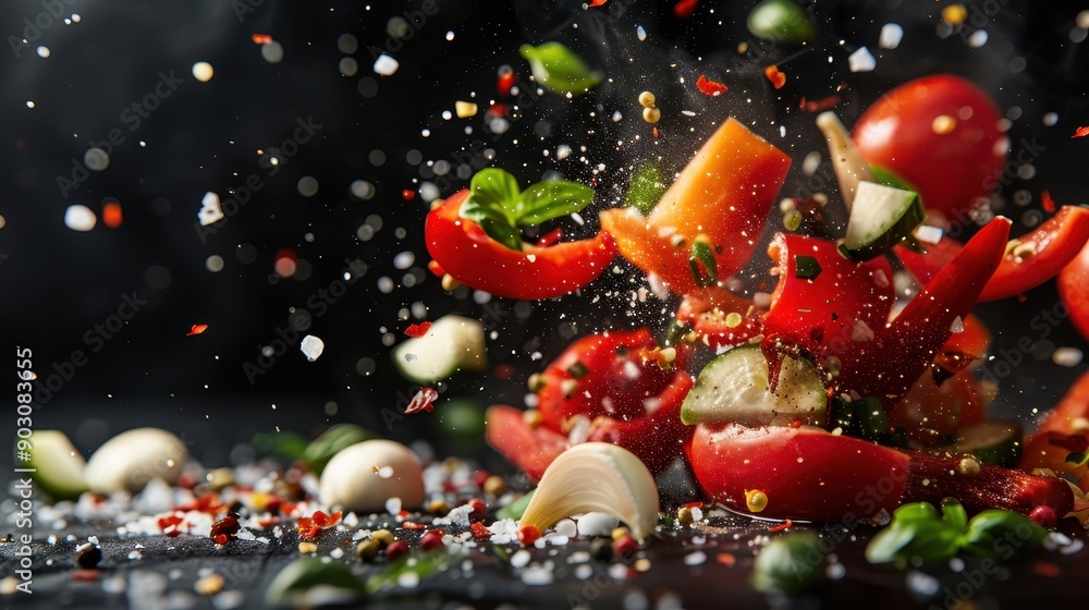 A vibrant image of various vegetables and spices exploding in the air against a black background, showcasing tomatoes, peppers, and garlic. Emphasis on motion and freshness. A vibrant image of various vegetables and spices exploding in the air against a black background, showcasing tomatoes, peppers, and garlic. Emphasis on motion and freshness.