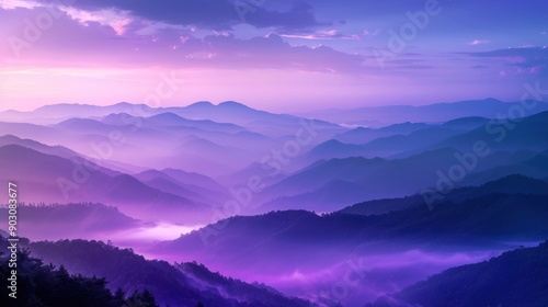 Misty Purple Mountain Range at Sunset © BloomArt