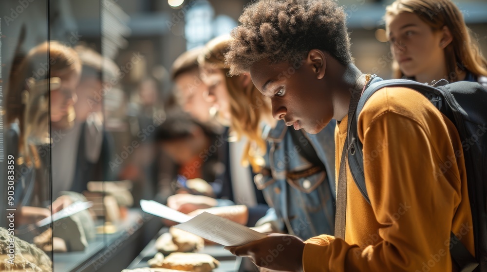 Curious Classmates Exploring Science Museum Exhibit on Ancient Civilizations, Ideal for Educational Themes Curious Classmates Exploring Science Museum Exhibit on Ancient Civilizations, Ideal for Educational Themes