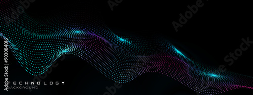 Abstract dot wave line with moving particles on dark background . Digital cyberspace, Big data analytics, 3d rendering, machine learning, and predictive analytics.