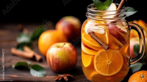 Rustic mason jar with fruit-infused water, containing sliced apples and citrus with a cinnamon stick inside. Background has apples and oranges on a wooden surface. photo