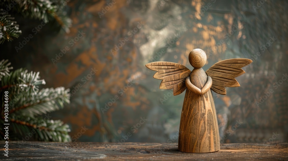 Fototapeta premium Wooden angel decorated for Christmas and Advent photographed in a studio