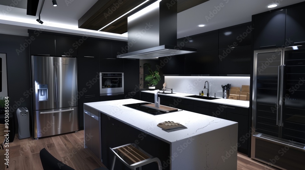 A state-of-the-art kitchen with matte black cabinets