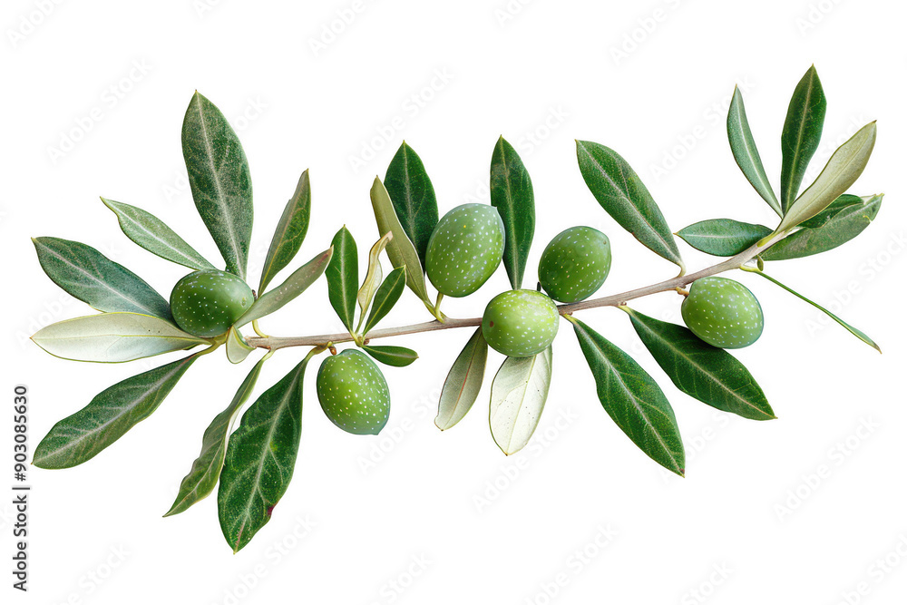 Naklejka premium Close-up of Fresh Green Olives on Branch with Leaves
