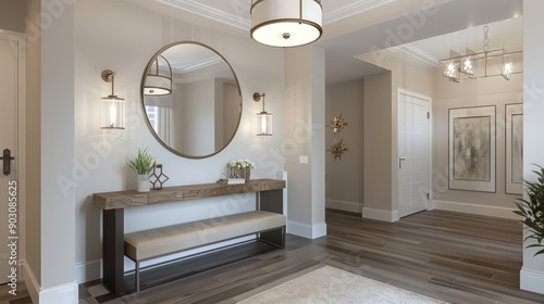 A stylish foyer with a sleek console table