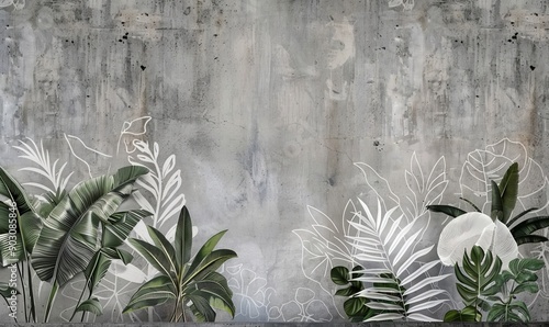 Grunge wallpaper with tropical leafs and plants on concrete background. Design for wallpaper, photo wallpaper, fresco, mural and other, Generative AI