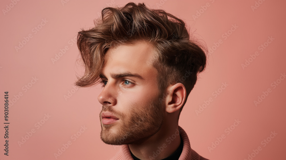 Fototapeta premium Stylish young man with trendy hair posing against a soft pink background