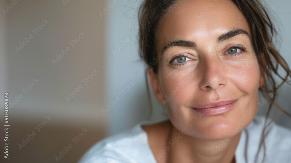 Middle aged woman with glowing skin smiling in bright indoor setting during daylight Middle aged woman with glowing skin smiling in bright indoor setting during daylight