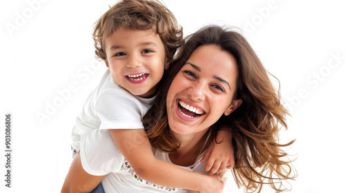 Joyful Mother and Child Smiling Together in Studio on White Background