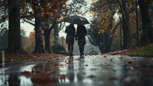 Couple walking under umbrella on rainy autumn day in park with fallen leaves