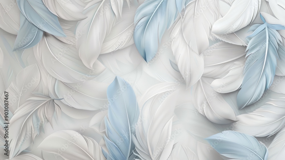 Dove gray background with delicate, seamless pale gray and baby blue feather patterns. Dove gray background with delicate, seamless pale gray and baby blue feather patterns.