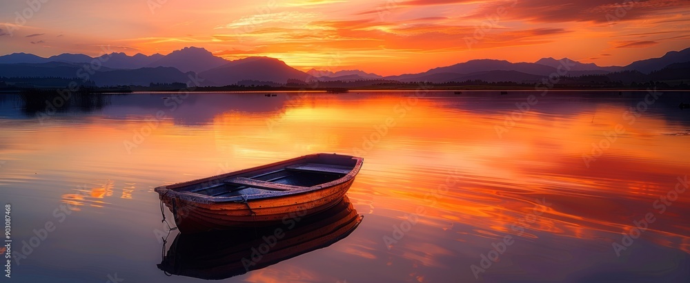 A Small Rowboat Anchored on a Calm Lake at Sunset A Small Rowboat Anchored on a Calm Lake at Sunset