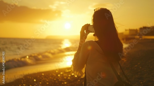 Woman enjoying sunset at the beach, capturing the golden moment with her phone, waves gently crashing ashore, serene and peaceful scene.