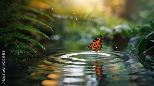 A butterfly lands on a calm forest pond, creating gentle ripples in the reflective water under the soft glow of sunlight filtering through the trees.