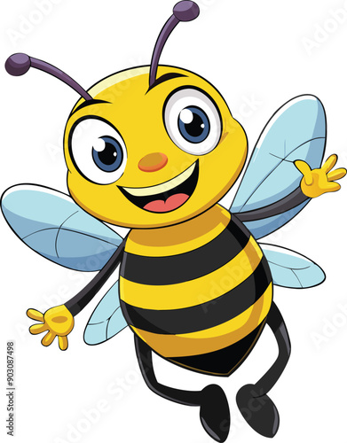 A cartoon bee with a happy face and arms with one foot in the air and one leg in the air