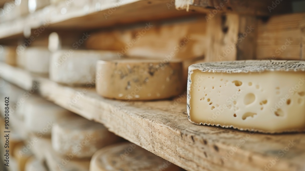 An assortment of aged cheese wheels displayed on rustic wooden shelves, showcasing various textures, flavors, and the art of traditional cheese making in a quaint shop. An assortment of aged cheese wheels displayed on rustic wooden shelves, showcasing various textures, flavors, and the art of traditional cheese making in a quaint shop.