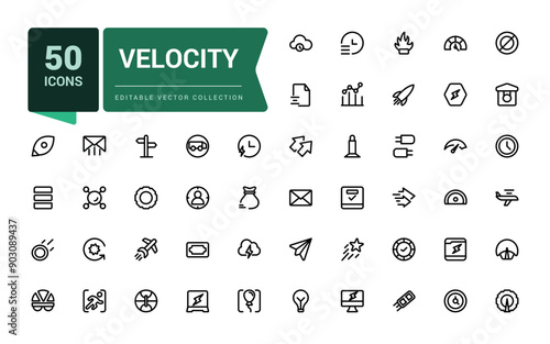 Velocity line icons set. Outline set of velocity vector icons for web and ui design. Editable vector line icon set and illustration for application.