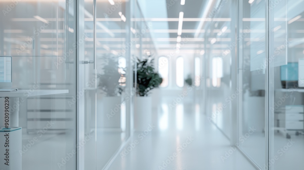 A serene office hallway lined with glass partitions and green plants, bathed in natural light, offering a clean, minimalistic, and refreshing atmosphere for workplace productivity. A serene office hallway lined with glass partitions and green plants, bathed in natural light, offering a clean, minimalistic, and refreshing atmosphere for workplace productivity.