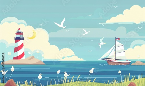 Horizontal summer background design with cartoon lighthouse, sailboat, and seagulls. Nautical background design for web banner, wallpaper, video, social media header, Generative AI