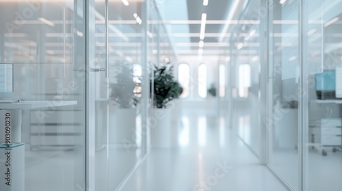 A serene office hallway lined with glass partitions and green plants  bathed in natural light  offering a clean  minimalistic  and refreshing atmosphere for workplace productivity.