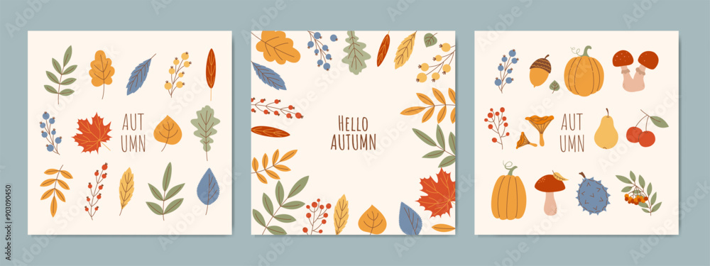 Autumn poster template. Set of trendy minimal autumn banners. Autumn leaves, mushrooms, pumpkins. Foliage falling. Fall background, cover, sale banner, flyer design Autumn poster template. Set of trendy minimal autumn banners. Autumn leaves, mushrooms, pumpkins. Foliage falling. Fall background, cover, sale banner, flyer design