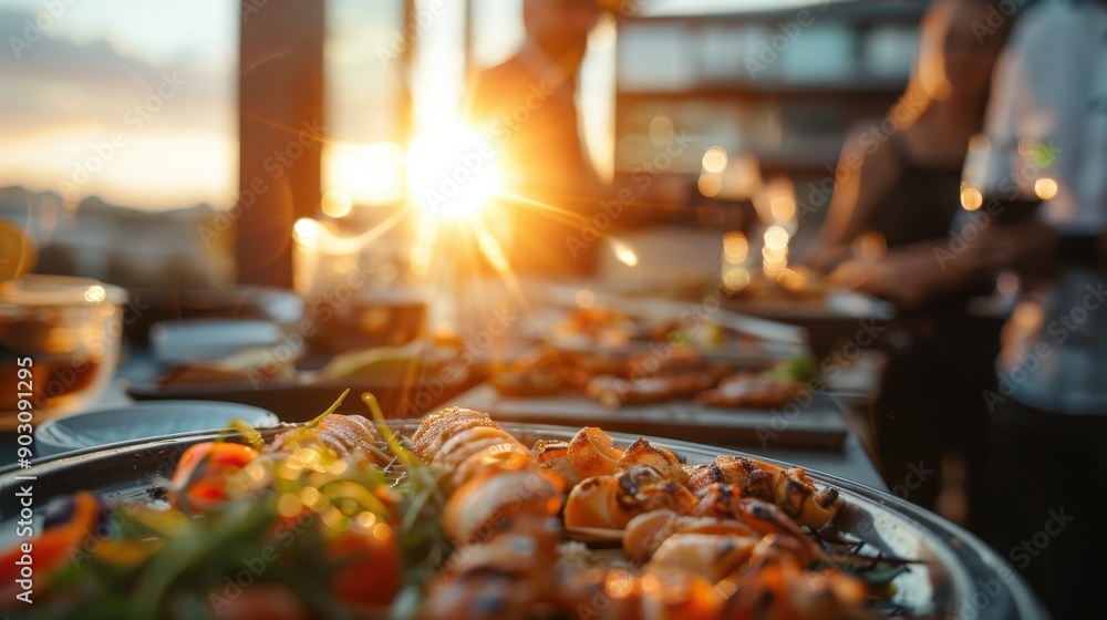 Group of friends enjoying a barbecue on a rooftop during sunset, with skewers and colorful dishes spread attractively on the table. Ideal for capturing urban leisure moments. Group of friends enjoying a barbecue on a rooftop during sunset, with skewers and colorful dishes spread attractively on the table. Ideal for capturing urban leisure moments.