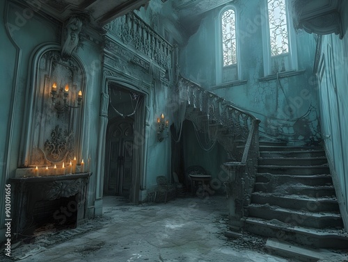 Abandoned Haunted Mansion with Peeling Paint,Flickering Candles,and Aged Baroque Interior photo