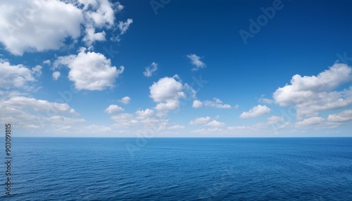 blue sky with white clouds over sea horizon