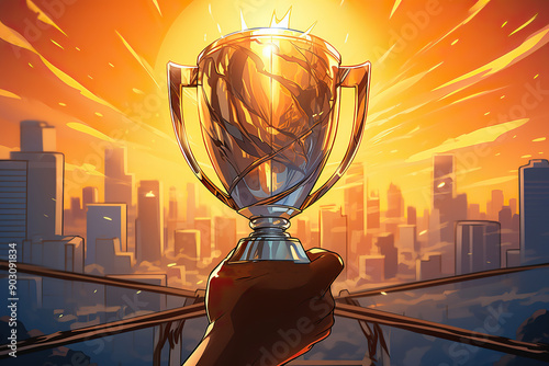 generated illustration of hand holding golden award trophy