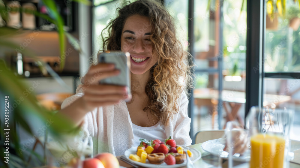 A woman enjoys breakfast while taking a selfie at a cozy café in the morning A woman enjoys breakfast while taking a selfie at a cozy café in the morning