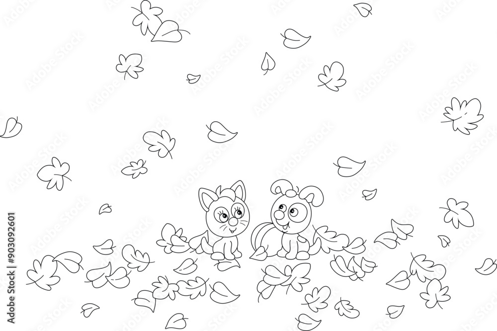 Funny little kitten and puppy with a ball among autumn leaves flying around, black and white outline vector cartoon illustration for a coloring book Funny little kitten and puppy with a ball among autumn leaves flying around, black and white outline vector cartoon illustration for a coloring book