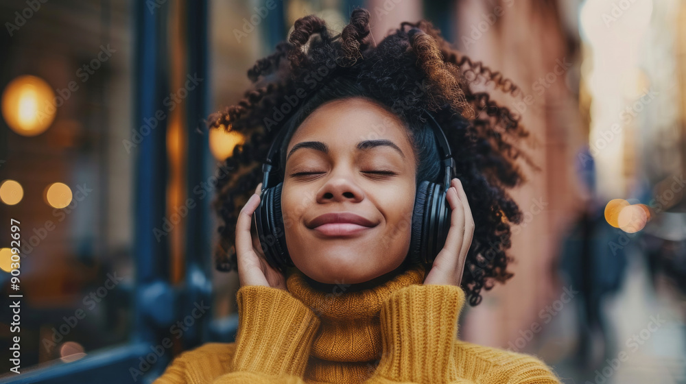 Young woman enjoying music while wearing headphones on a city street during daytime Young woman enjoying music while wearing headphones on a city street during daytime