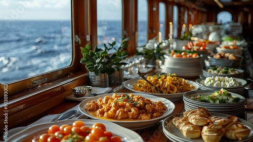 A beautifully decorated dining area on a luxury cruise ship, showcasing a gourmet buffet with exquisite dishes, elegant table settings, and large windows offering breathtaking views of the sea, captur